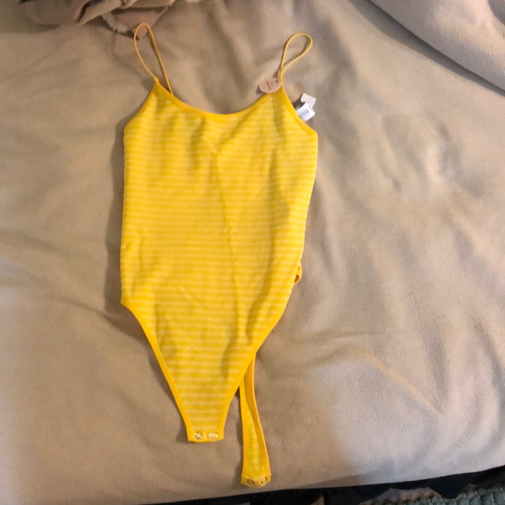 Yellow w white stripes ribbed thong body suit